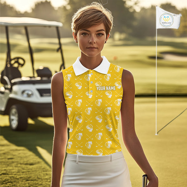 Yellow and white golf pattern Women sleeveless polo shirt custom golf beer outfit ladies golf clothes NQS9855