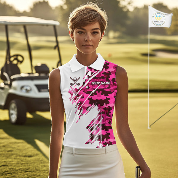 Personalized Women sleeveless golf polo shirt custom white and pink camo ladies golf apparel NQS10335