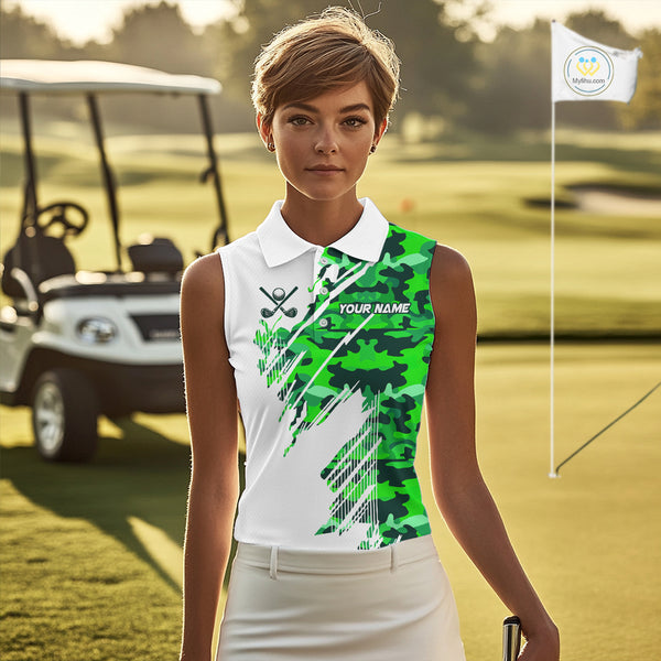 Personalized Women sleeveless golf polo shirt custom white and green camo ladies golf apparel NQS10334
