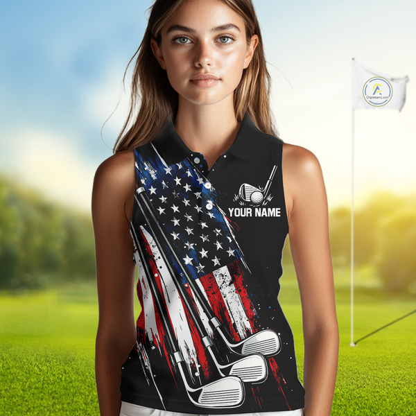 Black American Flag Golf Clubs Women sleeveless polo shirt custom team patriotic ladies golf outfit NQS9871