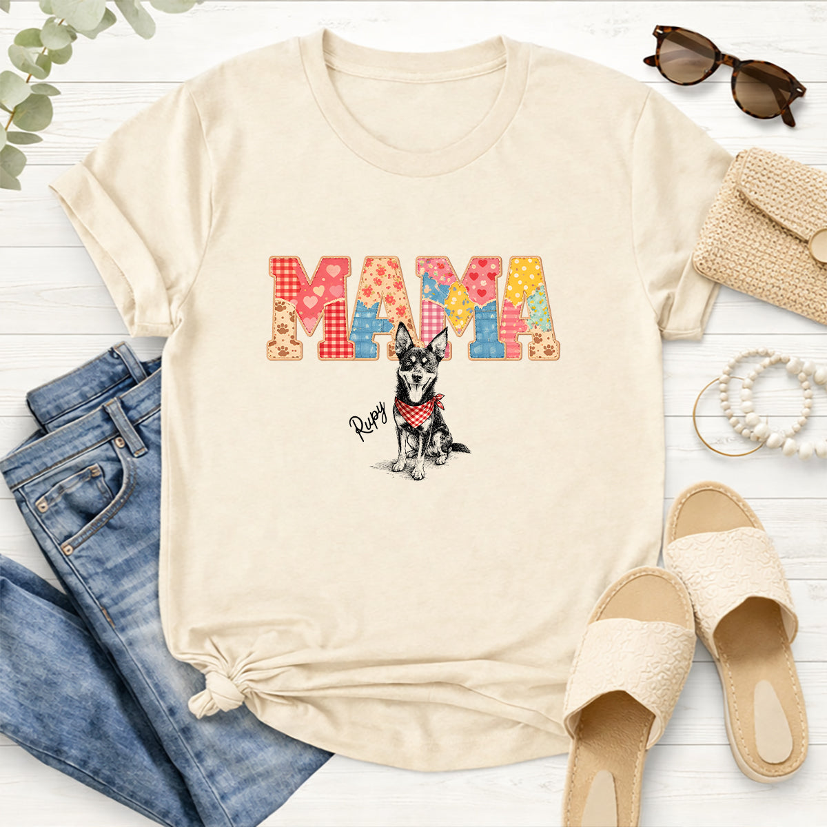 Custom Mama Patchwork Dog Photo and Name T-shirt, Beautiful Mothers Day Gift for Dog Mom FSD4809