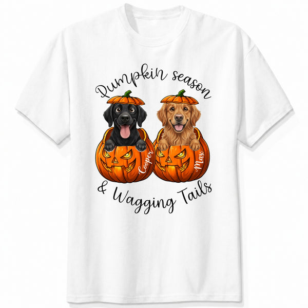 Custom Dogs Autumn Shirt, Pumpkin Season & Wagging Tails T-shirt for Dog Mom & Dog Dad FSDM73