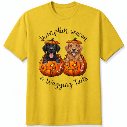 Custom Dogs Autumn Shirt, Pumpkin Season & Wagging Tails T-shirt for Dog Mom & Dog Dad FSDM73