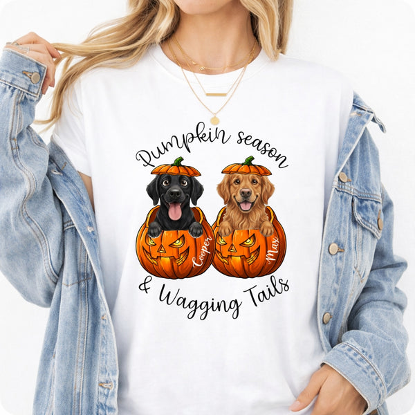 Custom Dogs Autumn Shirt, Pumpkin Season & Wagging Tails T-shirt for Dog Mom & Dog Dad FSDM73