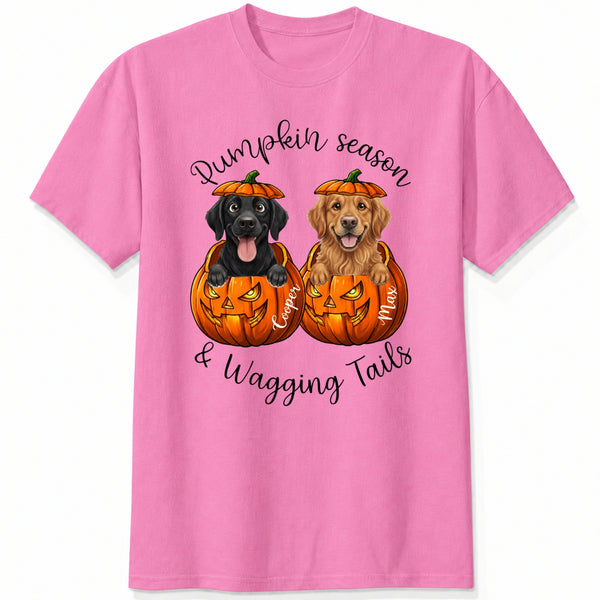Custom Dogs Autumn Shirt, Pumpkin Season & Wagging Tails T-shirt for Dog Mom & Dog Dad FSDM73