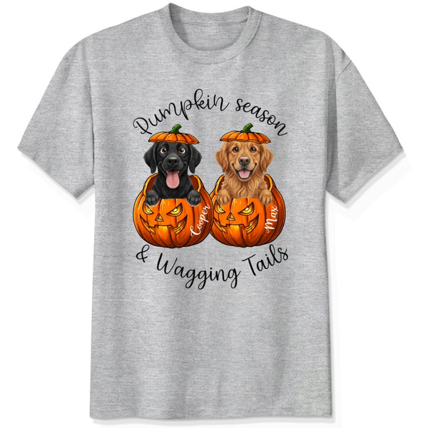Custom Dogs Autumn Shirt, Pumpkin Season & Wagging Tails T-shirt for Dog Mom & Dog Dad FSDM73