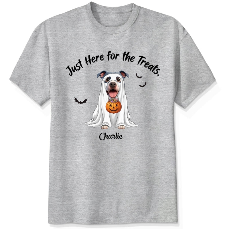 An ash grey t-shirt featuring a cartoon graphic of a dog dressed in a white ghost holding a jack-o'-lantern, with the text 'Just Here for the Treats.' and custom with dog's name printed below