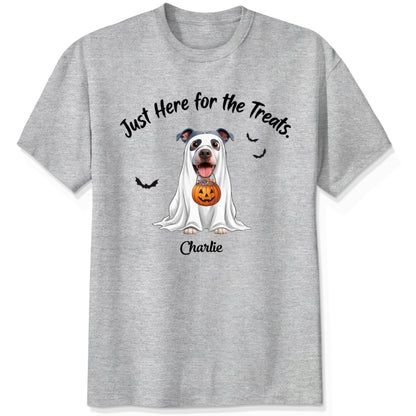 An ash grey t-shirt featuring a cartoon graphic of a dog dressed in a white ghost holding a jack-o'-lantern, with the text 'Just Here for the Treats.' and custom with dog's name printed below