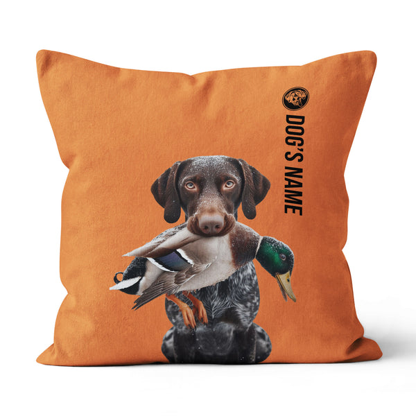 Liver & white German Shorthaired Pointer Hunting Dog Custom Dog's Name Orange Pillow, Hunting Dog Pillows FSD4397