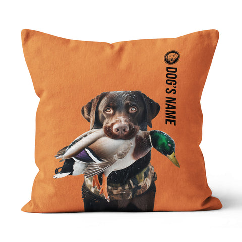 Chocolate Labrador Retriever Hunting Dog Custom Dog's Name Orange Pillow, Hunting Dog Pillows FSD4400