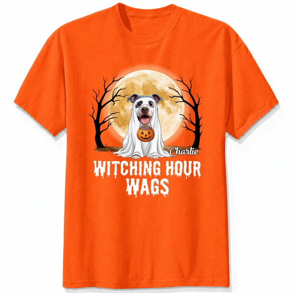 Custom Dogs Halloween Ghost T-Shirt, Witching Hour Wags Personalized Pet Shirt, Spooky Season Gift For Dog Lovers FSDM52