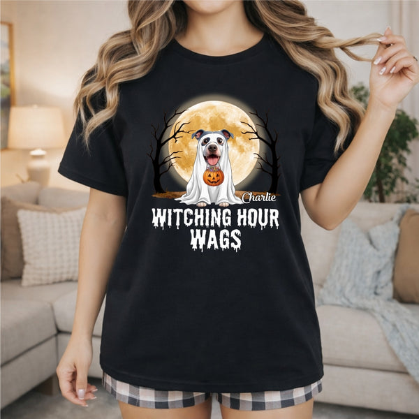 Custom Dogs Halloween Ghost T-Shirt, Witching Hour Wags Personalized Pet Shirt, Spooky Season Gift For Dog Lovers FSDM52