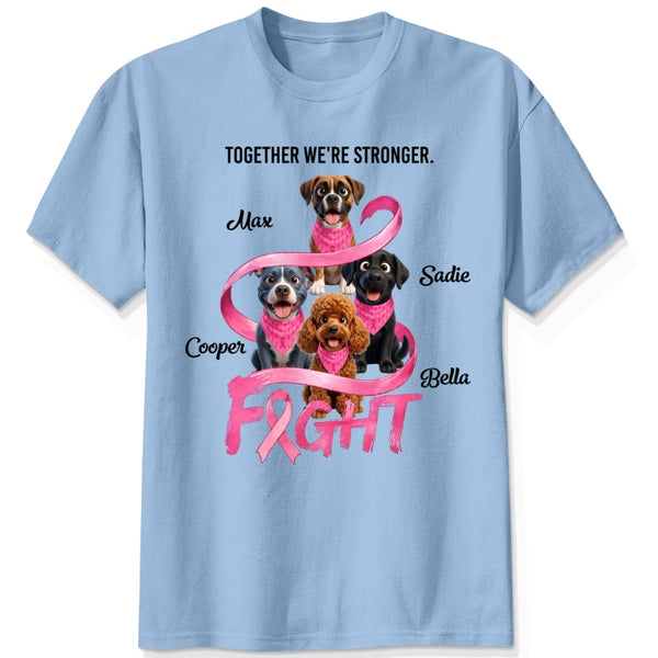 A blue short-sleeve crewneck t-shirt featuring a custom graphic for breast cancer awareness. The design shows dogs wearing pink neckties under the text 'TOGETHER WE'RE STRONGER.