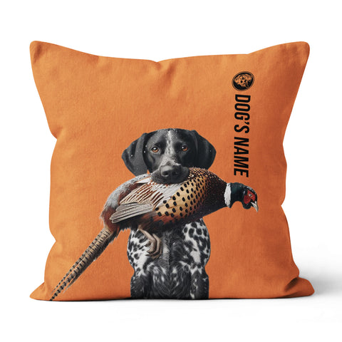 Black & white German Shorthaired Pointer Hunting Dog Custom Dog's Name Orange Pillow, Hunting Dog Pillows FSD4398