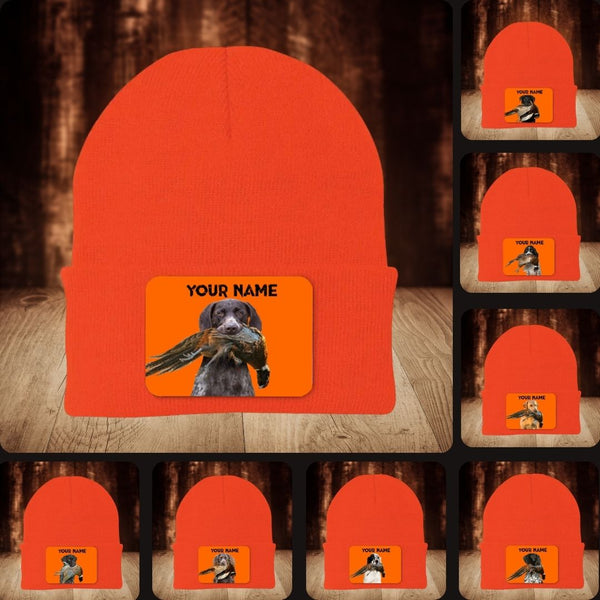 Pheasant Hunting Orange Knit Beanie Hat, Custom Name Rectangle Patch Pheasant Hunting Dogs Hat FSD4750