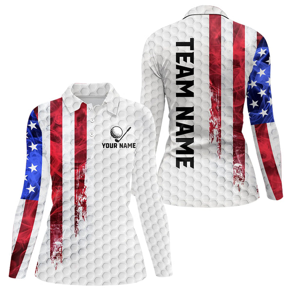 Red, White and Blue Smoke American Flag Women golf polo shirts custom Patriotic Women white golf polo NQS9380