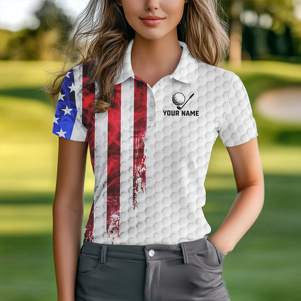 Red, White and Blue Smoke American Flag Women golf polo shirts custom Patriotic Women white golf polo NQS9380