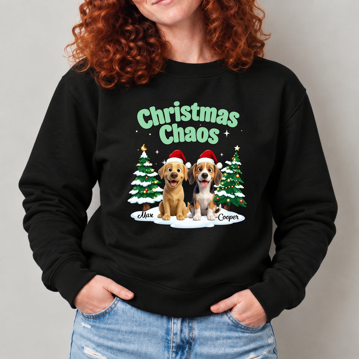 Funny Personalized Multi-Dog Christmas Sweatshirtt, Custom Pet Christmas Chaos Holiday Sweater FSDM127