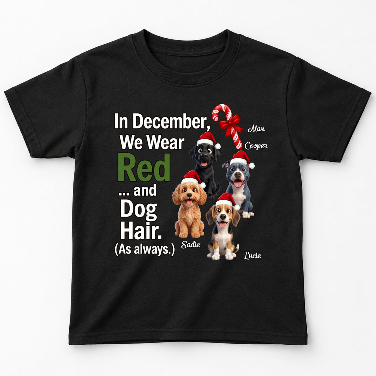 In December We Wear Red And Dog Hair Funny Personalized Dogs Christmas Youth T-Shirt FSDM96
