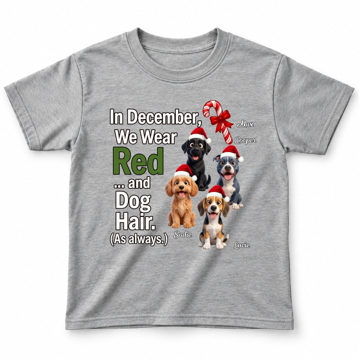 In December We Wear Red And Dog Hair Funny Personalized Dogs Christmas Youth T-Shirt FSDM96