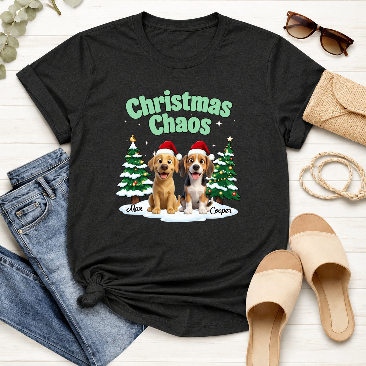 Funny Personalized Multi-Dog Christmas Shirt, Custom Pet Christmas Chaos Holiday T-Shirt FSDM82