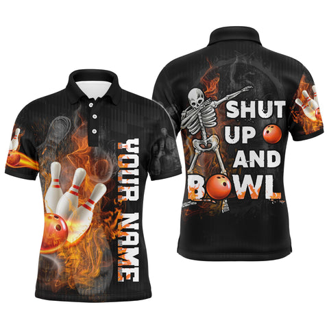 Shut Up and Bowl - Funny Bowling Polo Shirt Men Personalized Flame Skull Bowler Jersey NBP19