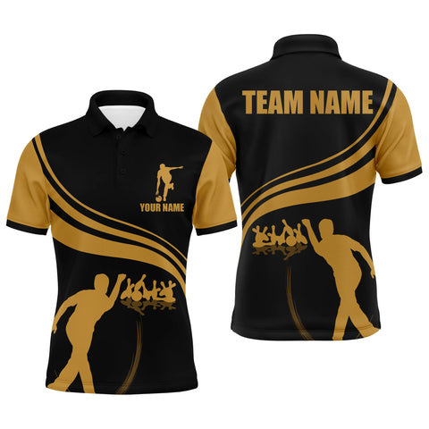 Personalized Bowling Men Polo Shirt Black and Gold Men Bowlers Custom Team Short Sleeves Jersey NBP13