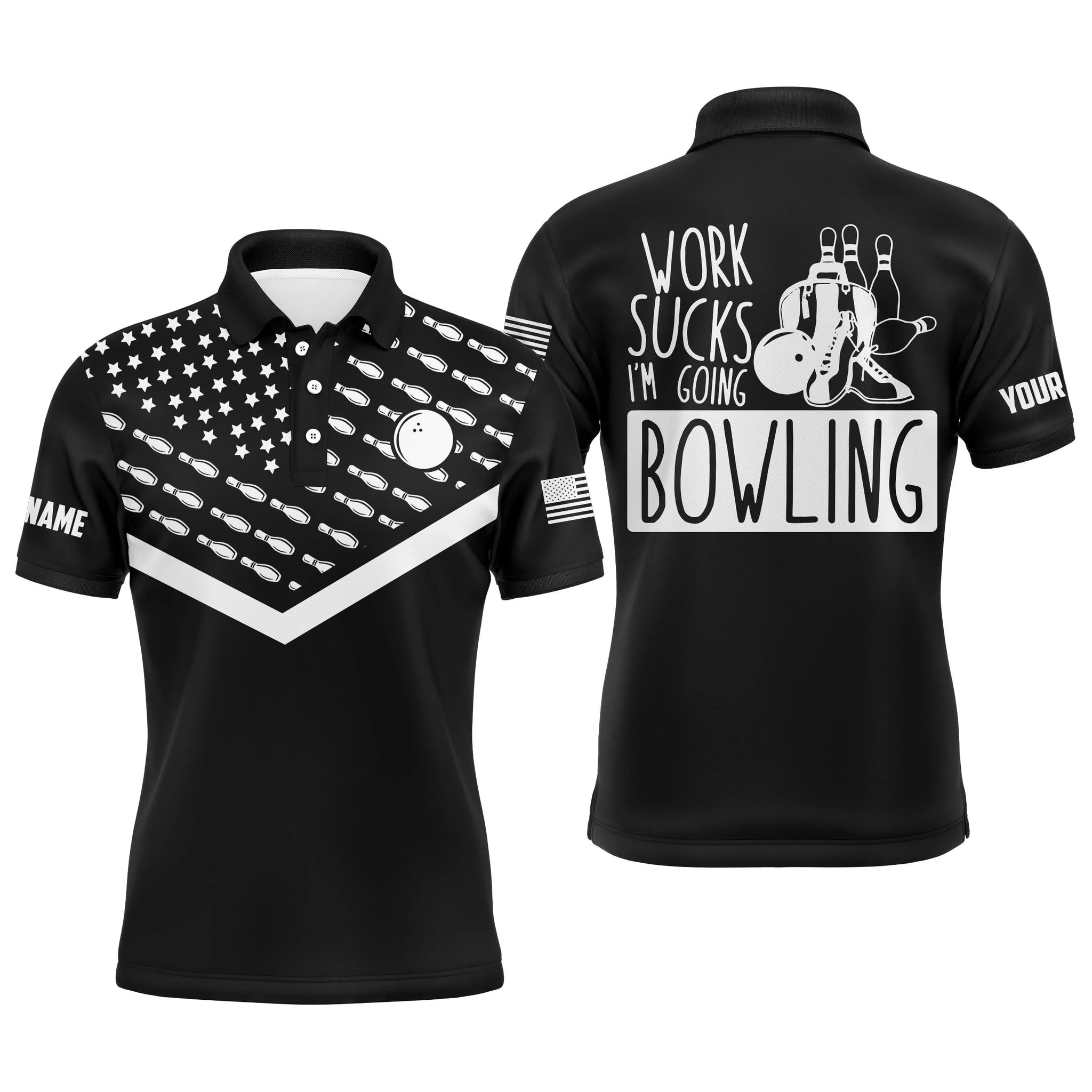 Funny Men Bowling Polo Shirt Personalized Work Sucks I'm Going Bowling Black Patriotic Short Sleeves NBP10