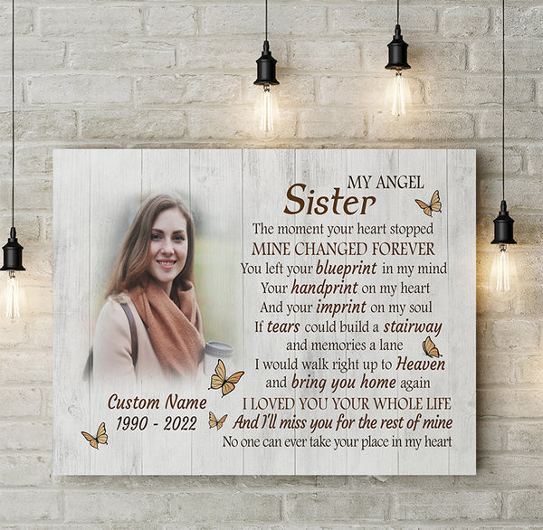 Sister Memorial Canvas, Personalized Sister in Heaven Photo Frame, Sympathy Gift for Loss of Sister N2678