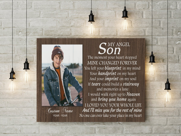 Son Remembrance Personalized Canvas| My Angel Son in Heaven| Memorial Gifts, Sympathy Gifts for Loss of Son, Son Bereavement Keepsake, Youth Cancer Condolence Gifts| N2404