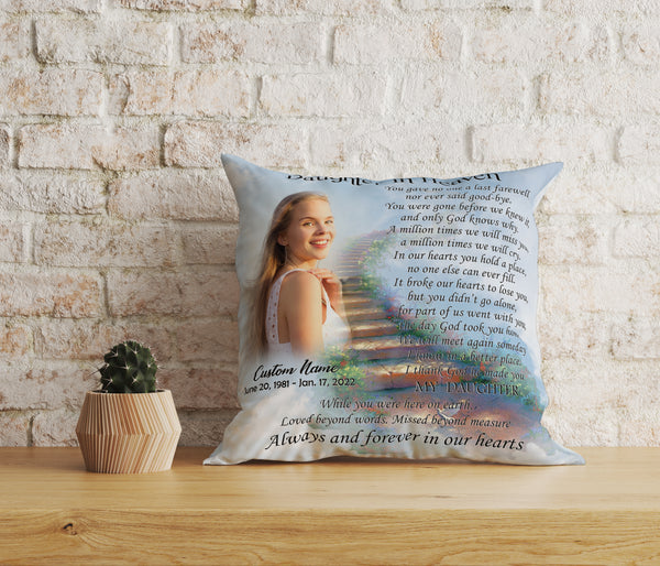 Daughter Memorial Pillow Personalized in Heaven Sympathy Gift for Loss of Daughter 1-sided Print NPL168
