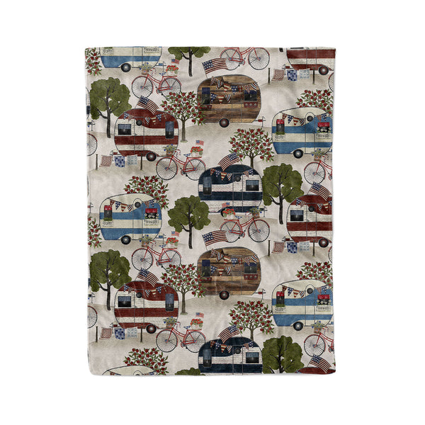 Patriotic camper 3 wishes hometown America, red white and blue beige, 4th of July USA flag camping blanket