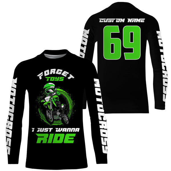 Kid custom motocross jersey UPF30+ youth green dirt bike MX racing Forget Toys I Just Wanna Ride NMS979