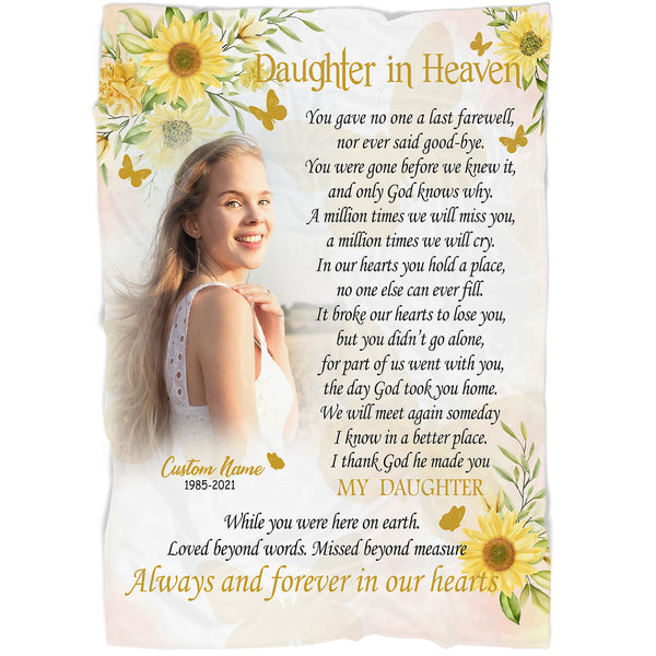 Personalized Sunflower Memorial Blanket for Daughter - Daughter in Heaven Blanket - Daughter Remembrance Fleece Blanket Sympathy Gift for Loss of Daughter In Memory of Daughter - JB313