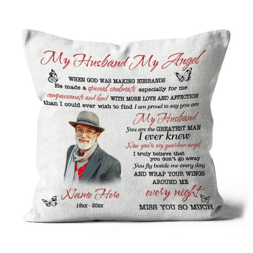 Angel Husband Memorial Pillow Personalized Remembrance for Loss of Husband Sympathy Gift 1-sided Print| NPL75