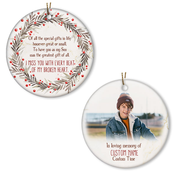 Son Memorial Circle Ornament - Personalized 2 Sided Christmas Remembrance Ornament for Son In Loving Memory of Angel Son Son Remembrance Keepsake Gift - JOR80