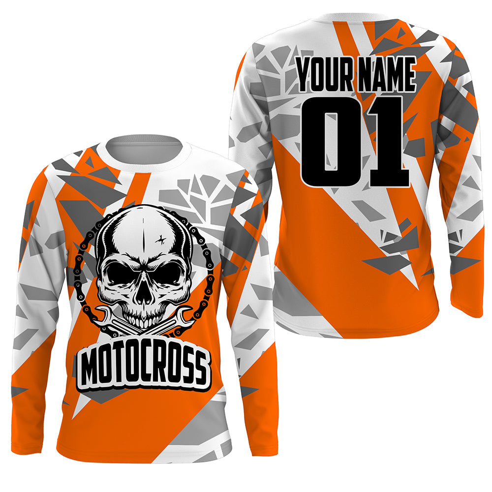 Custom Skull Motocross Jersey Orange UPF30+ Kids Men Women Dirt Bike Shirt Racing Long Sleeves NMS1334