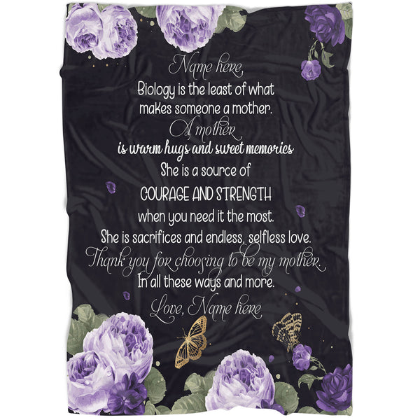 Personalized Blanket for Bonus Mom| Mother Purple Floral Fleece Blanket| Sentimental Gift for Adopted Mom, Bonus Mom, Stepmom, Stepmother on Mom's Birthday Christmas Mother's Day| JB211