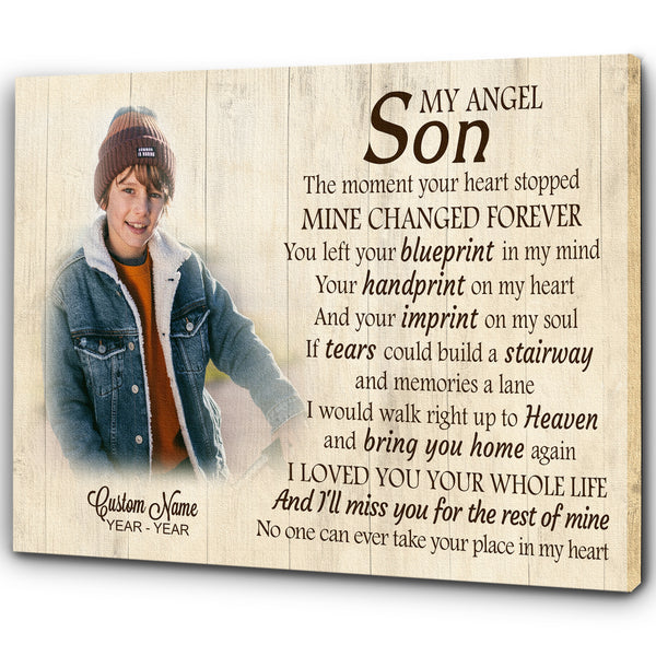 Son Remembrance Personalized Canvas| My Angel Son in Heaven| Memorial Gifts, Sympathy Gifts for Loss of Son, Son Bereavement Keepsake, Youth Cancer Condolence Gifts| N2403