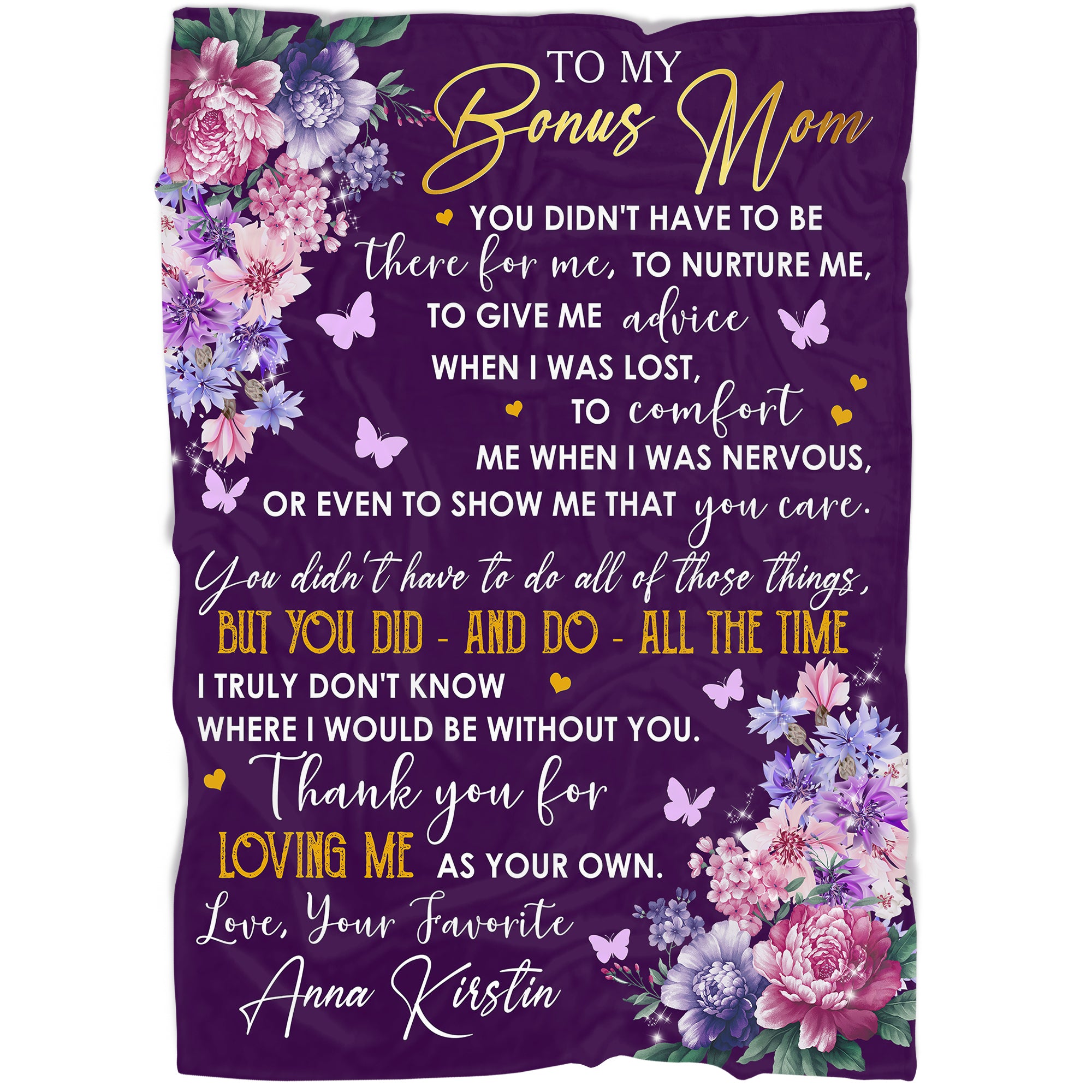 To My Bonus Mom Blanket| Custom Purple Floral Blanket Gift for Adopted Mom Step Mom Stepmother| JB347