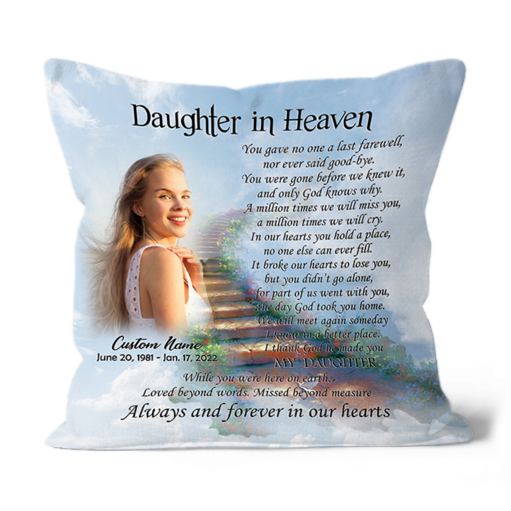 Daughter Memorial Pillow Personalized in Heaven Sympathy Gift for Loss of Daughter 1-sided Print NPL168