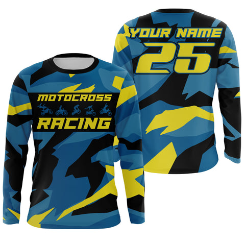 Blue camo custom motocross racing Jersey UPF30+ kids men women dirt bike long sleeves off-road NMS1037