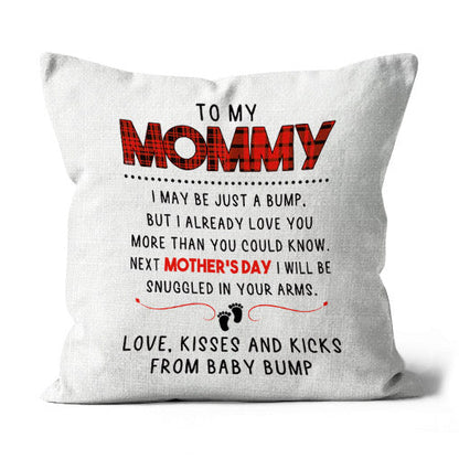 Cute Pregnant Mom Pillow - Love Kisses and Kicks for Baby Bump, First Mother's Day Gift, New Mom to Be| NPL07