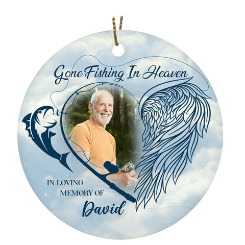 Personalized Gone Fishing in Heaven Ornament for Dad Fishing Lover in Heaven| Custom Photo Name Year Angel Wing and Hook Ornament| Remembrance Ornament for Loss Father AP332
