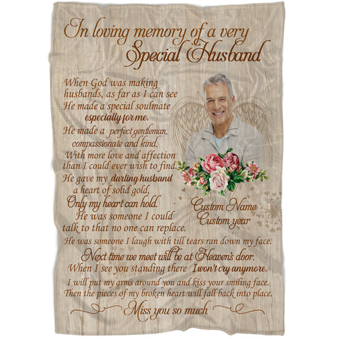 Husband Memorial Blanket - In Loving Memory My Angel Husband| Personalized Memorial Throw, Loss of Husband Remembrance| N1402