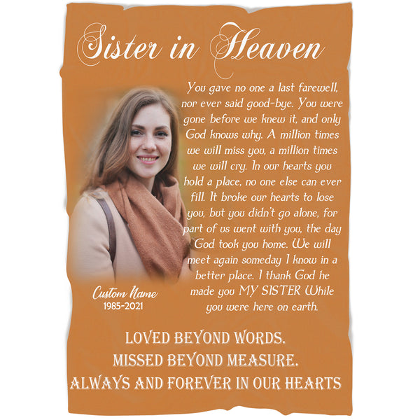 Sister Memorial Blanket - Sister in Heaven Fleece Blanket Customized Memorial Gift for Loss Sister Sympathy Gift In Loving Memory of Sister Remembrance Blanket - JB256