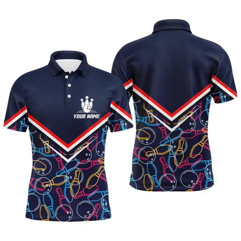 Custom Men Bowling Polo Shirt Navy Blue Bowling Pins and Ball Pattern Short Sleeve Men Bowlers NBP05