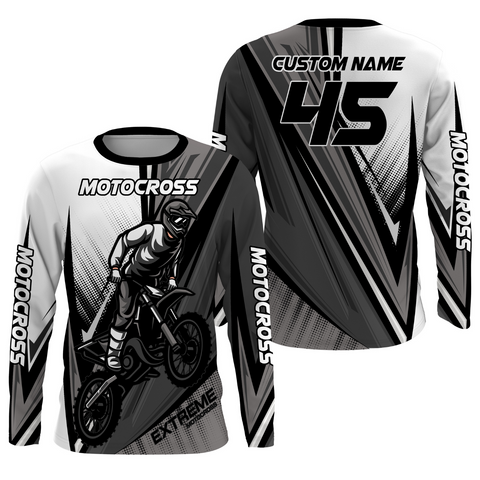Personalized Motocross Jersey UPF 30+, Dirt Bike Motorcycle Off-Road Racing Youth Long Sleeves- Grey| NMS368