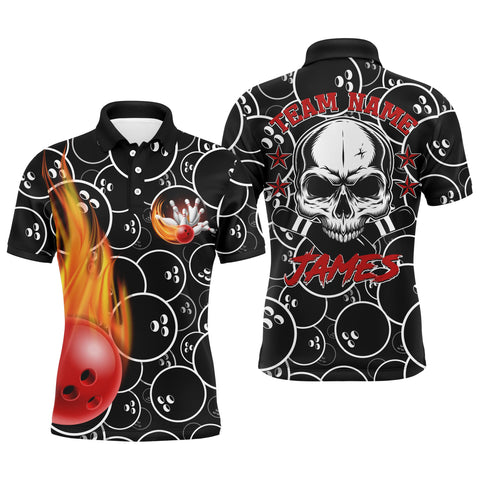 Personalized Men Flame Bowling Polo Shirt Cool Skull Pins Black Bowling Short Sleeve Men Bowlers NBP02