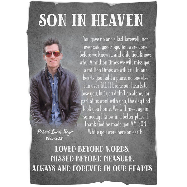 Personalized Son Memorial Blanket| Son in Heaven Fleece Blanket Memorial Gift for Loss Son In Loving Memory of Son Angel Son Remembrance Blanket Loss Son Sympathy Condolence Gift| JB257